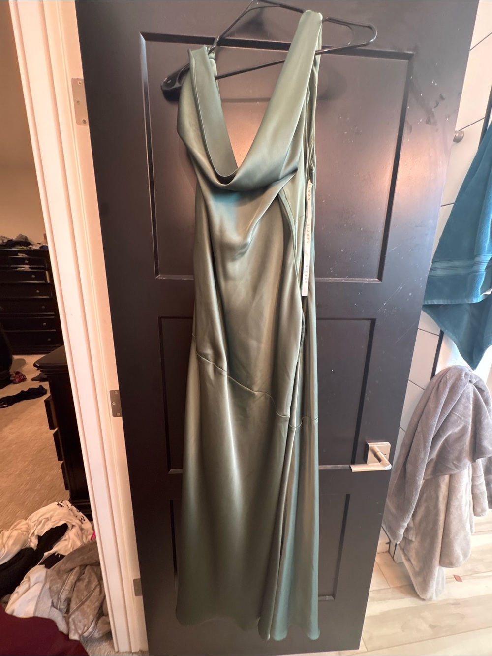 Azazie Satin Cowl Slip Maxi Dress in Green